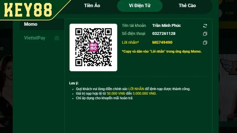 Hướng Dẫn Cách Nạp Tiền KEY88 Chi Tiết Từ A Đến Z Cho Tân Thủ Nạp tiền KEY88 qua ví điện tử